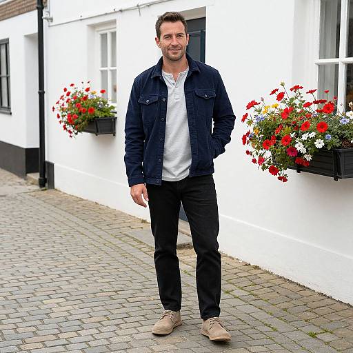 Photograph of a smiling, bearded man in a black denim jacket, white shirt, black pants, and tan shoes, standing on a cobble