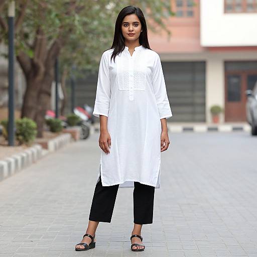 Photograph of a young woman with long black hair, wearing a white oversized shirt, black cropped pants, and black sandals, standing on a paved street