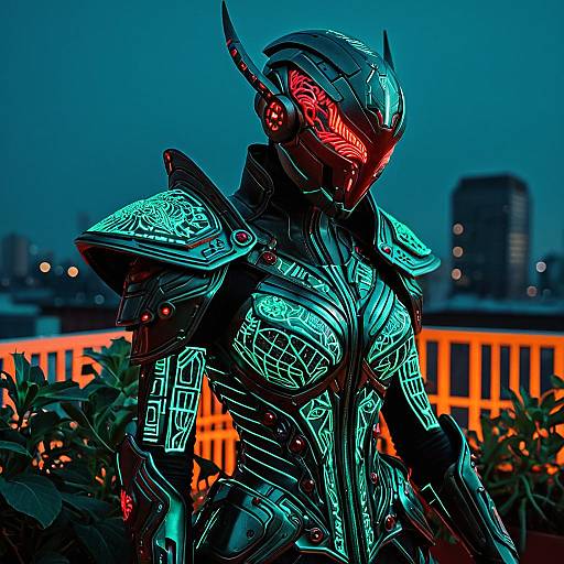 Cyber-Warrior in Bioluminescent Armor on Rooftop