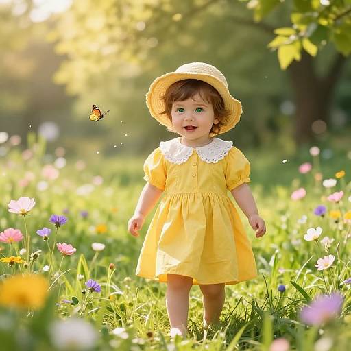 Photograph of a cute toddler in a yellow dress with white collar, straw hat, standing in a sunlit, colorful meadow, with a butterfly