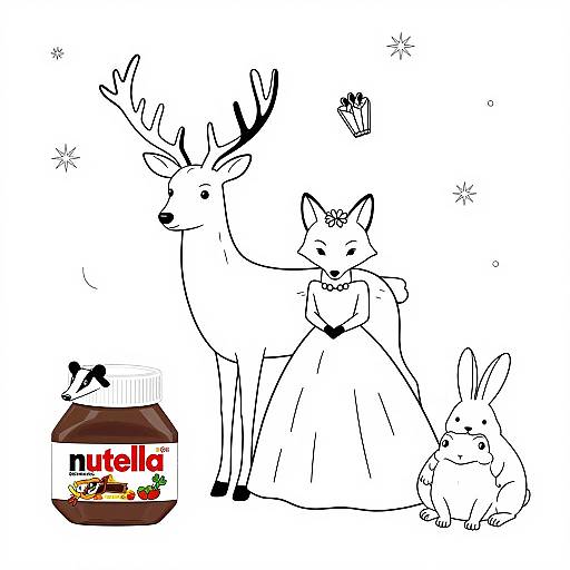 Black-and-white line drawing of a deer, dressed-up fox, and bunny with a Nutella jar labeled 