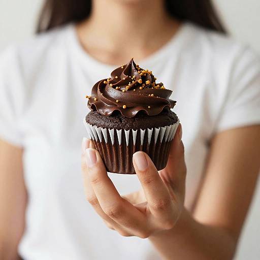 Photograph of a woman in a white shirt holding a chocolate cupcake with swirled frosting and sprinkles, blurred background.