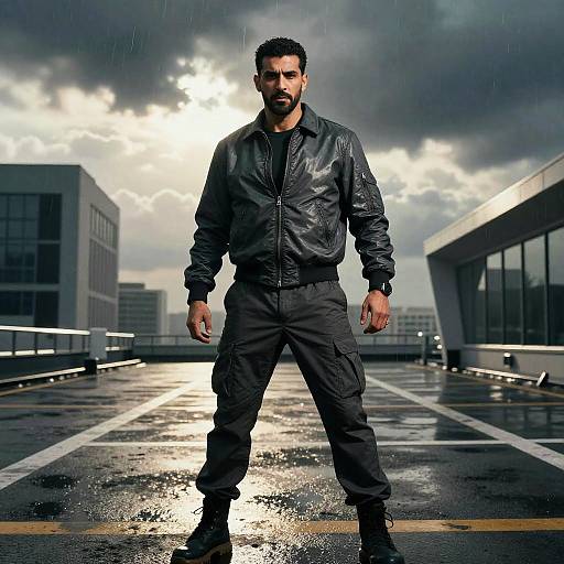 Man in Flight Jacket on Rooftop Helipad