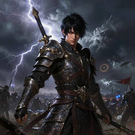 Digital art of a fierce, dark-haired warrior in metallic armor, with a lightning-streaked sky, holding a sword, amidst a chaotic battlefield.