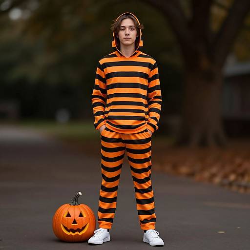 Photograph of a young boy in an orange and black striped tiger onesie, standing on a dark street with a carved pumpkin beside him.