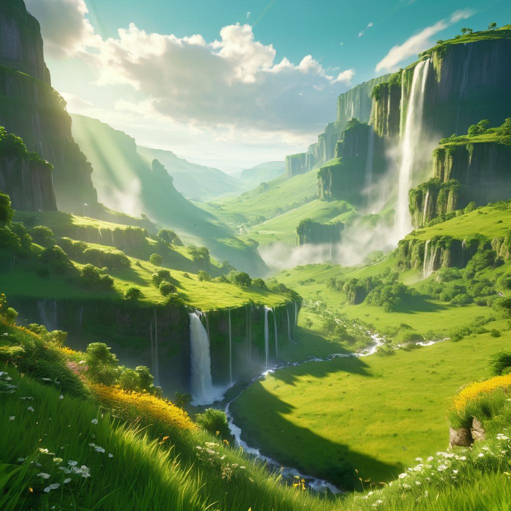 Epic Fantasy Valley with Waterfall Scene