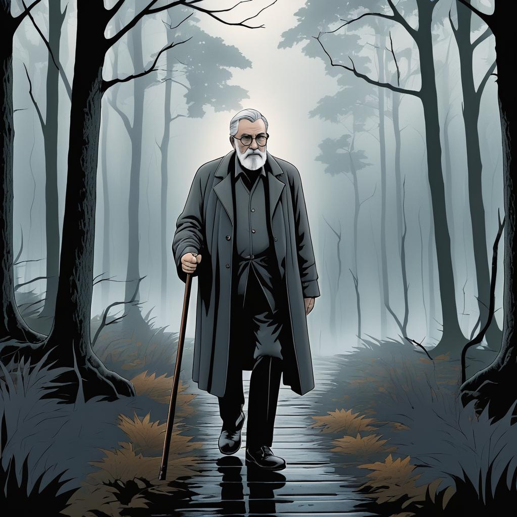 Elderly Man in Misty Forest Illustration