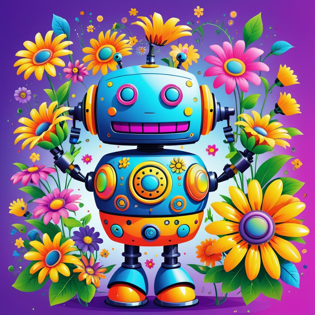 Playful Robot with Floral Arms and Smile