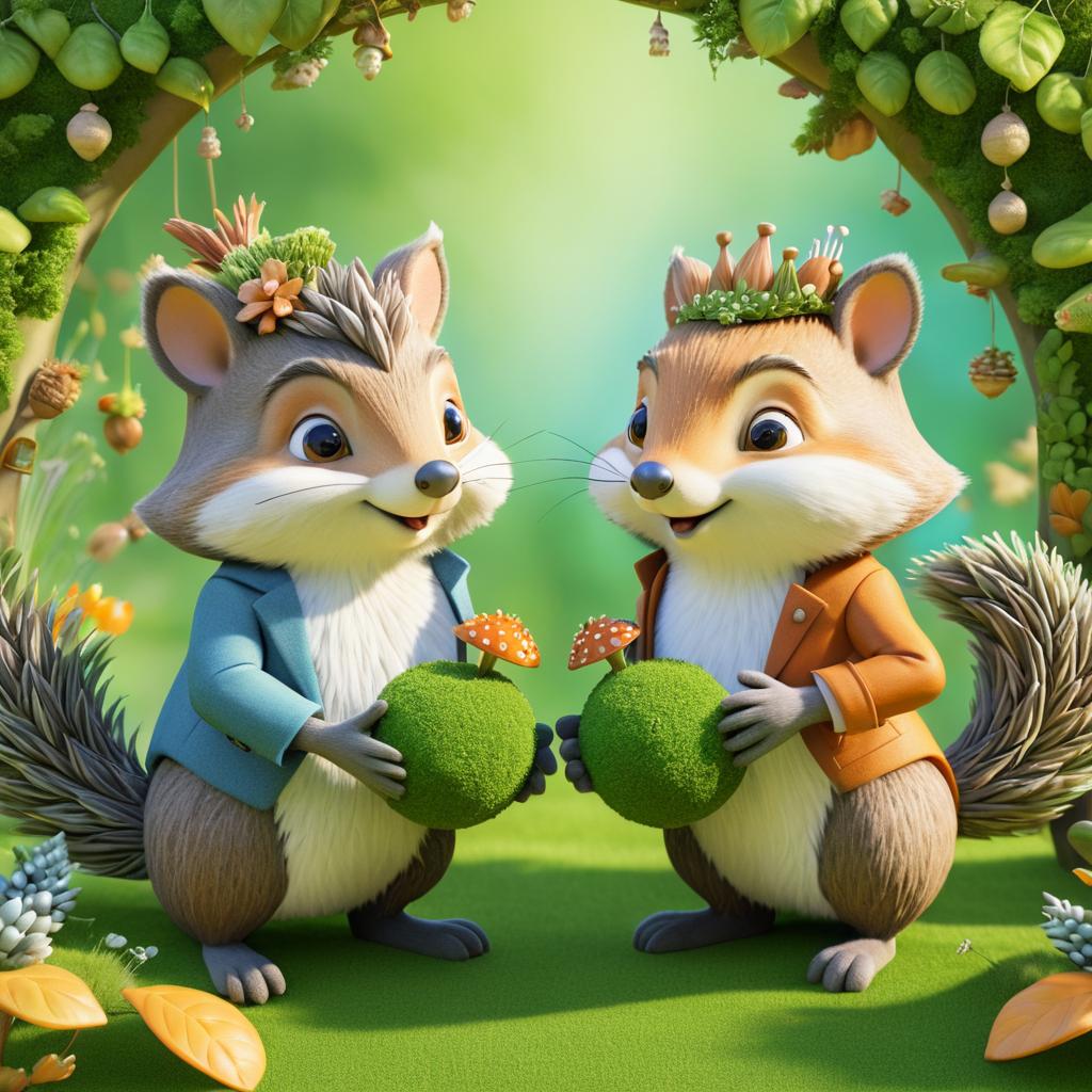 Whimsical Portrait of Hedgehog and Squirrel