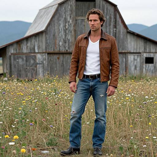 Photograph of a muscular, handsome man with curly brown hair, wearing a brown leather jacket, white t-shirt, and ripped jeans, standing in a