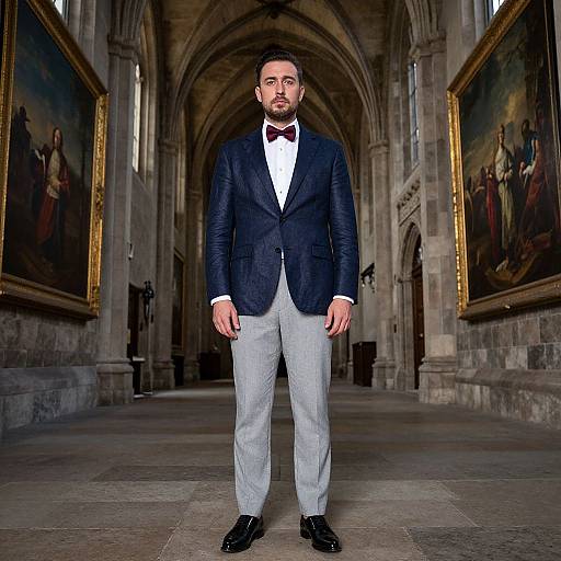 Photograph of a handsome, bearded man in a dark blazer, white shirt, bow tie, and gray trousers, standing in a grand,