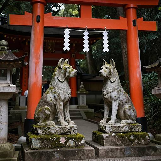 Serene Red Torii Gate with Stone Dogs