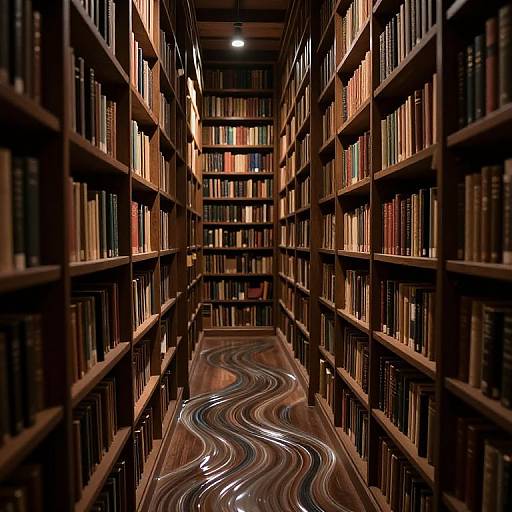 Photograph of a library aisle with tall, dark wooden bookshelves filled with books, featuring a wavy, illuminated floor pattern.