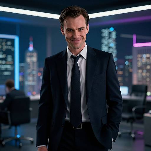 Photograph of a smiling man in a black suit, white shirt, and black tie standing in a modern, brightly lit office with cityscape lights in