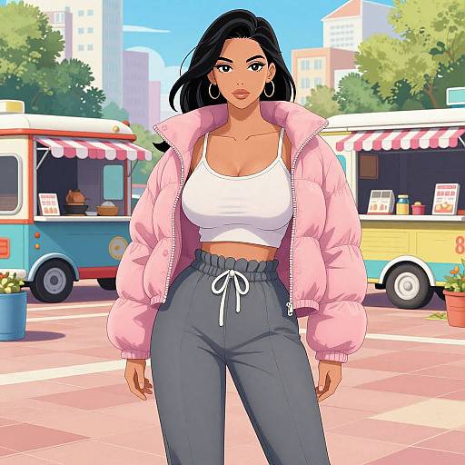 Digital illustration of a confident woman with long black hair, wearing a pink puffer jacket, white crop top, and gray pants, standing in a sunny