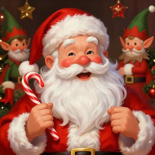 Digital illustration of a cheerful Santa Claus with a white beard, holding a candy cane, surrounded by two festive elf dolls.
