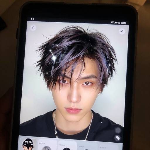 Photograph of a smartphone screen displaying an Asian male with black, spiky hair, wearing a black shirt and silver chain, against a white background.