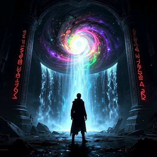 Digital artwork of a silhouetted figure standing before a glowing, cosmic vortex with vibrant colors, waterfalls, and ancient pillars inscribed with red