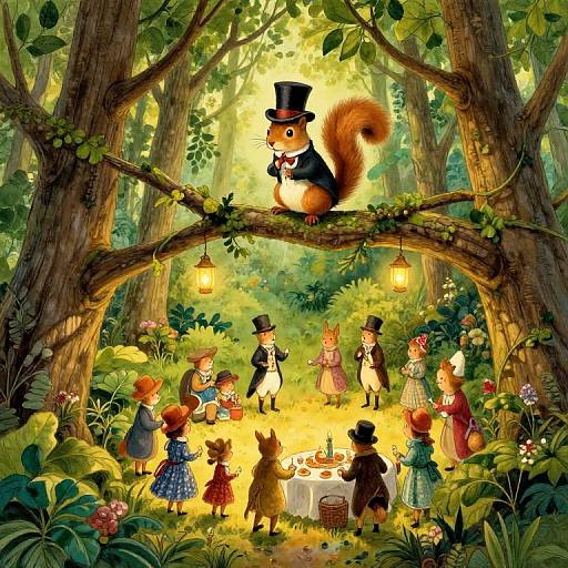 Whimsical forest scene: anthropomorphic squirrel in top hat on tree branch, surrounded by children in Victorian attire, lanterns, picnic, vibrant colors