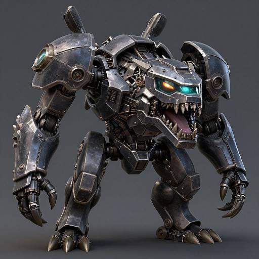 Photorealistic CGI of a menacing, metallic robot with sharp claws, glowing blue eyes, and an open mouth revealing sharp teeth, standing in a dark