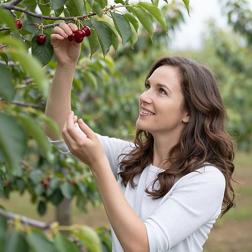 Photograph of a smiling woman with long brown hair, wearing a white shirt, picking red cherries from a lush green cherry tree.