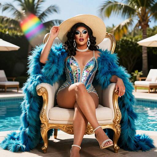 Glamorous Plus-Size Drag Queen by Pool
