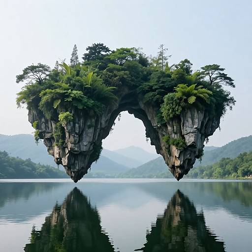 Photograph of a floating, rocky island arch covered in lush green trees, mirrored perfectly on a calm, reflective lake.