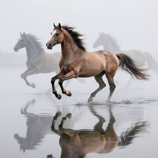 Photograph of a powerful brown horse with a black mane and tail, rearing on its hind legs, reflecting in a calm, reflective water surface,