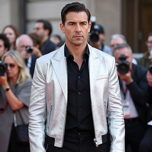 Photograph of a handsome man with short dark hair, wearing a shiny silver jacket over a black shirt, standing in front of a crowd of photographers.