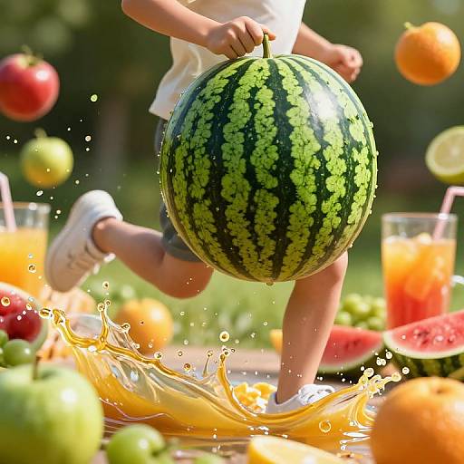 Photograph of a child in a white shirt and shorts, mid-kick, holding a large watermelon, splashing juice, surrounded by colorful fruits