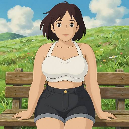 Digital anime-style drawing of a surprised, fair-skinned woman with short black hair, wearing a white halter top and black shorts, sitting on a