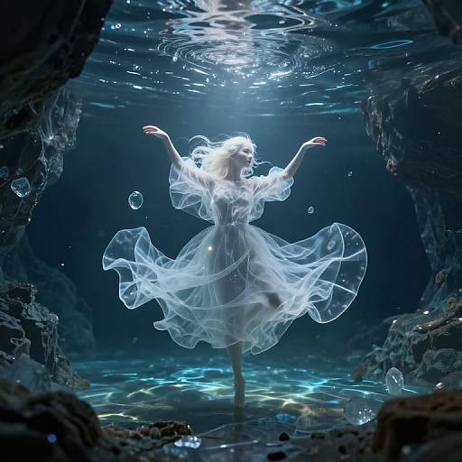 Digital art: Ethereal woman in flowing white dress, arms raised, underwater cave, illuminated by light beams, surrounded by bubbles, dark rocky walls.