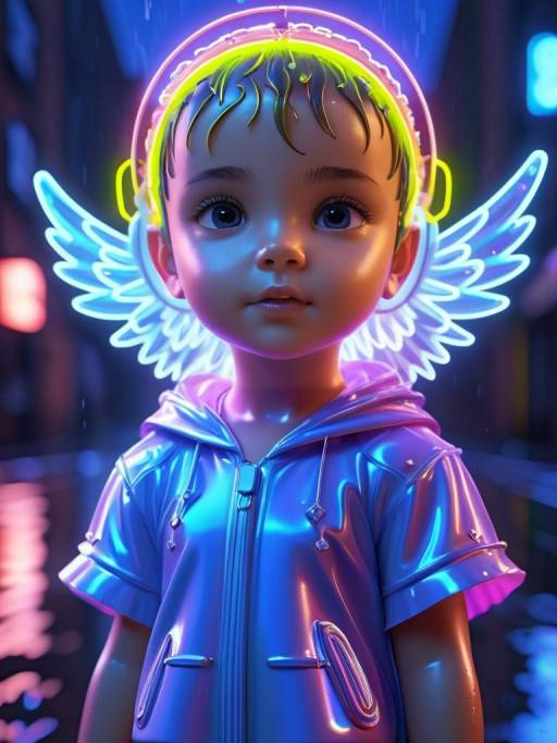 Neon Rain Angel Cartoon Portrait Art