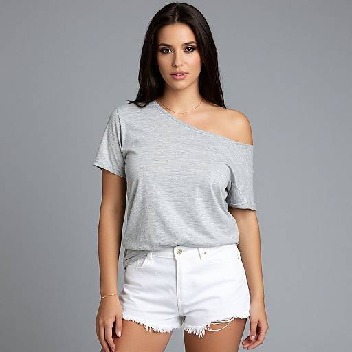 Photograph of a dark-haired woman with light skin wearing a gray off-shoulder top and white frayed denim shorts against a gray background.