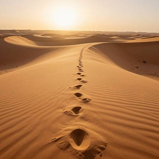 Photograph of a desert sunset with a single footpath of sand impressions leading into the golden-orange, rippled sand dunes.