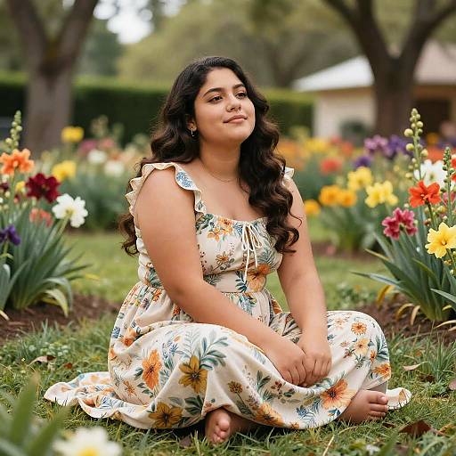 Photograph of a curvy South Asian woman with long, wavy black hair, wearing a floral dress, sitting in a vibrant garden with colorful flowers