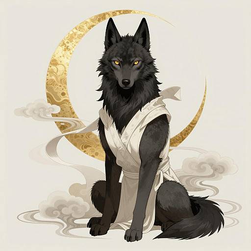 Black Wolf Creature with Golden Crescent Moon