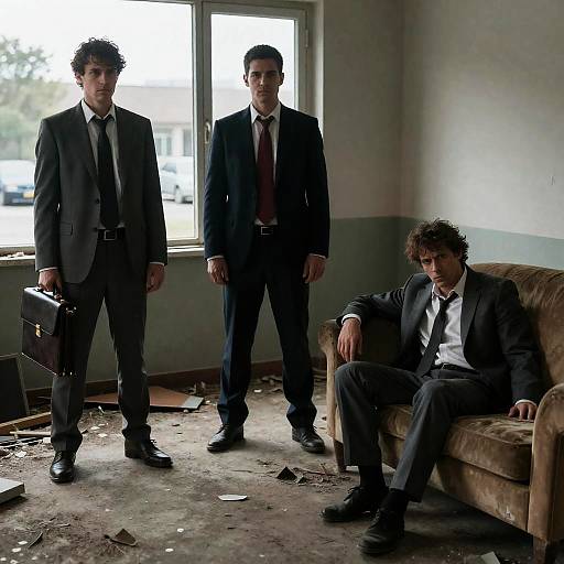 Three Men in a Damaged Room Photo