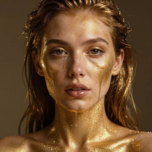 Photograph of a young woman with wet, golden, glitter-covered skin and hair, gazing directly at the camera, dark background.
