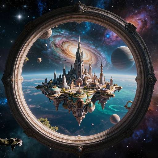 Photorealistic digital artwork of a floating, ornate castle with spires, seen through a circular space window, surrounded by colorful galaxies, planets,