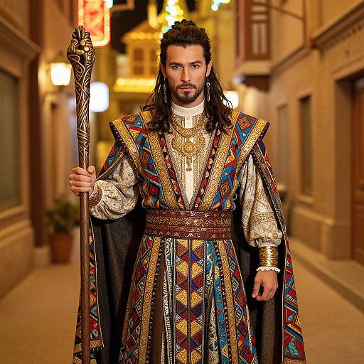 Photograph of a bearded man with long dark hair, wearing an ornate, colorful medieval robe and holding a silver staff, standing in a warmly