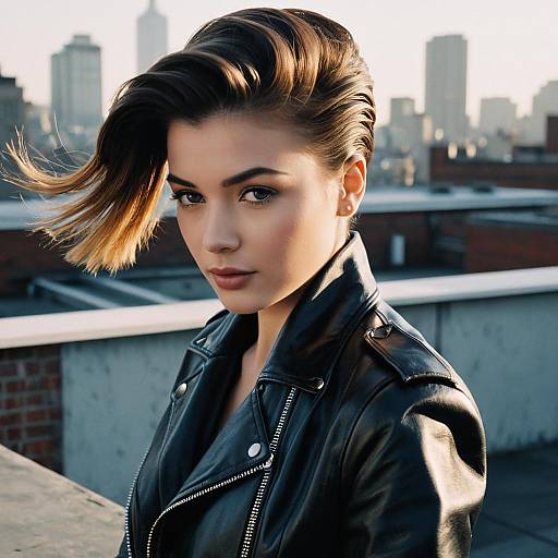 Woman with Classic Pompadour Hairstyle on Urban Rooftop