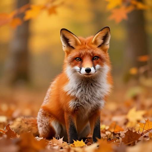 Photograph of a red fox with vibrant orange fur, black-tipped ears, and white chest, sitting on an autumn forest floor covered in orange and