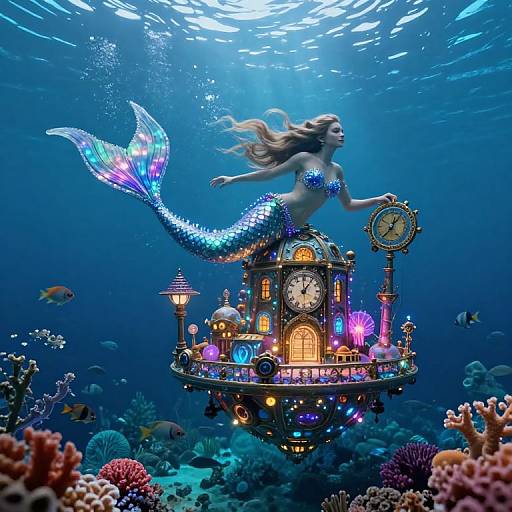 Digital artwork of a mermaid with shimmering blue scales and long blonde hair, swimming underwater beside a glowing, clock-tower-like ship amidst colorful cor