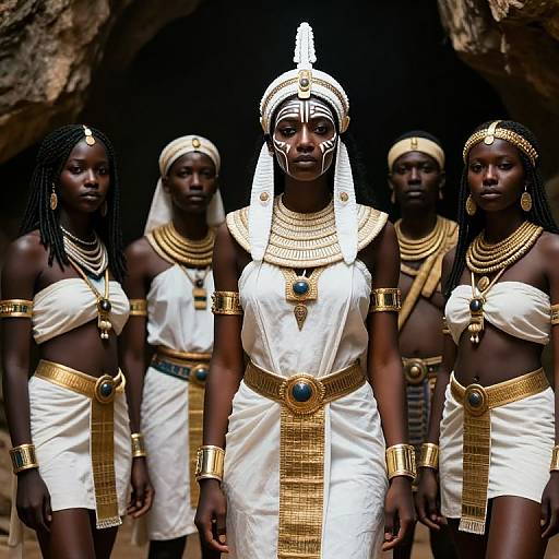 Photograph of five African women in ancient Egyptian-style white dresses and gold jewelry, standing in a rocky cave. Central figure wears elaborate white headdress.