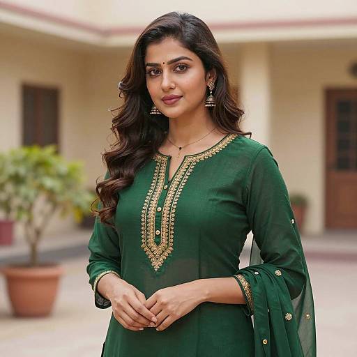 Indian Woman in Green Embroidered Kurta