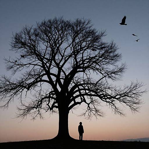 Silhouetted person stands before massive, leafless tree at sunset, birds flying above, sky transitioning from pink to blue. Photograph.