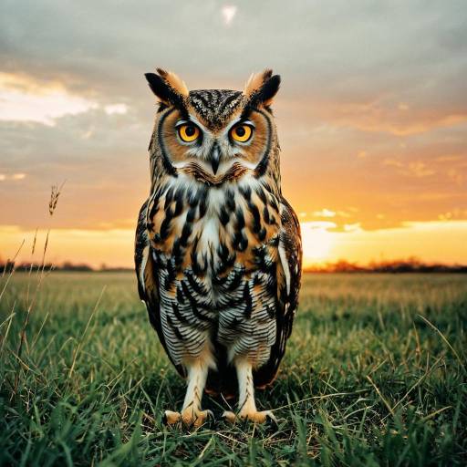 Owl at Sunset in Grass Field
