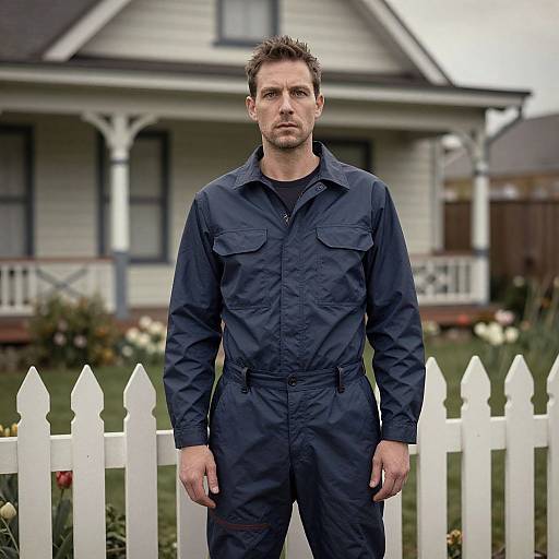 Photograph of a serious-looking man with short brown hair, wearing a dark blue jumpsuit, standing in front of a white picket fence and a
