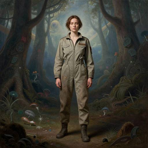 Photograph-style digital artwork of a curly-haired woman in a gray jumpsuit standing in a mystical, dark forest with mushrooms, vines, and a ghost